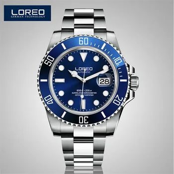 LOREO Luminous Waterproof Watch Men Stainless Steel Sapphire Automatic Machine Wristwatch Auto Date Relogio Masculino AB2275