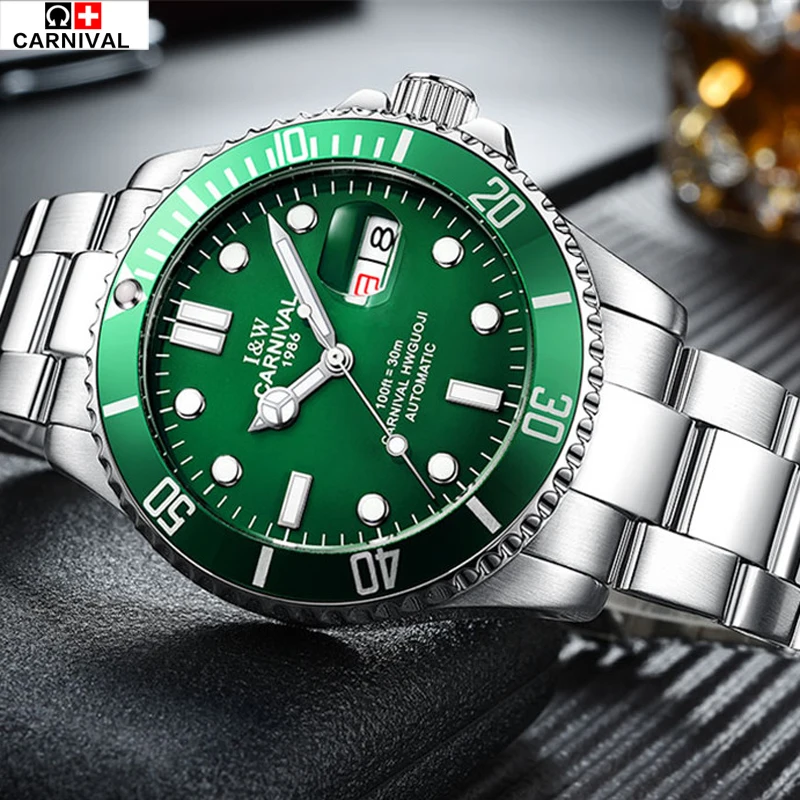 Luxury Brand CARNIVAL Fashion Male Steel Strap Automatic Mechanical Watches Men's Sports Military Wrist Watch relogio masculino