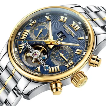 Carnival Mens Multifunction Holllow-out Dial Steel Watchband Automatic Self-Wind Mechanical Watch - gold bezel blue dial