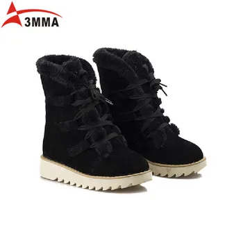 3mma 2016 Handmade Large Size Winter Snow Ankle Martin Boots Women Heel Platform Flats Shoes Round Toe Lace Up Fur Cotton Boots