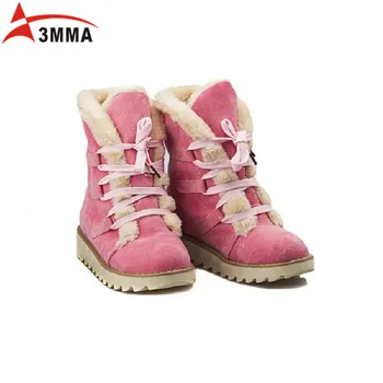 3mma 2016 Handmade Large Size Winter Snow Ankle Martin Boots Women Heel Platform Flats Shoes Round Toe Lace Up Fur Cotton Boots