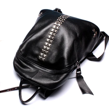Japan and Korean Style Rivets Backpack Women Black Genuine Leather Waterproof Escolar Mochila Feminina Designers Brand