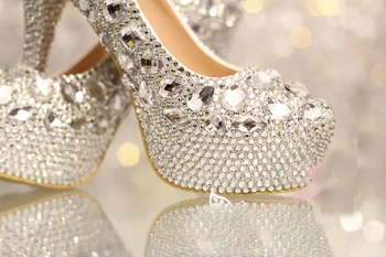 2016 ilver rhinestone Fashion Bridal Dress shoes women high heels crystal wedding shoes woman platforms Party Prom pumps