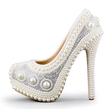 Luxurious Pearl Wedding Shoes White Formal Dress Shoes Marriage Bride Shoes High Heel Platform Performance Shoes Prom Pumps