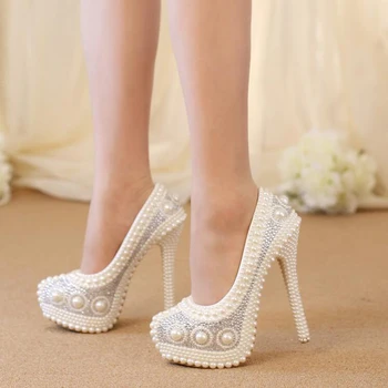 Luxurious Pearl Wedding Shoes White Formal Dress Shoes Marriage Bride Shoes High Heel Platform Performance Shoes Prom Pumps
