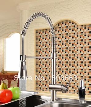 Modern Nickel Brushed Brass Water Kitchen Faucet Swivel Spout Pull Out Vessel Sink Single Handle Deck Mounted Mixer Tap MF-295