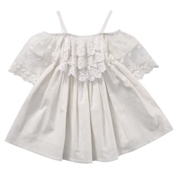Kids Girls Summer Dress Off-shoulder Ruffles Lace Dresses Solid White Baby Girl Clothes Princess Costume