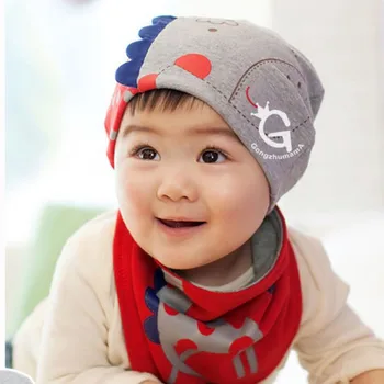 2Pcs Sets Spring Winter Baby Boys Girls Patchwork Pattern Soft Cotton Hedging Hat Cap+Triangle Bibs Saliva Towel