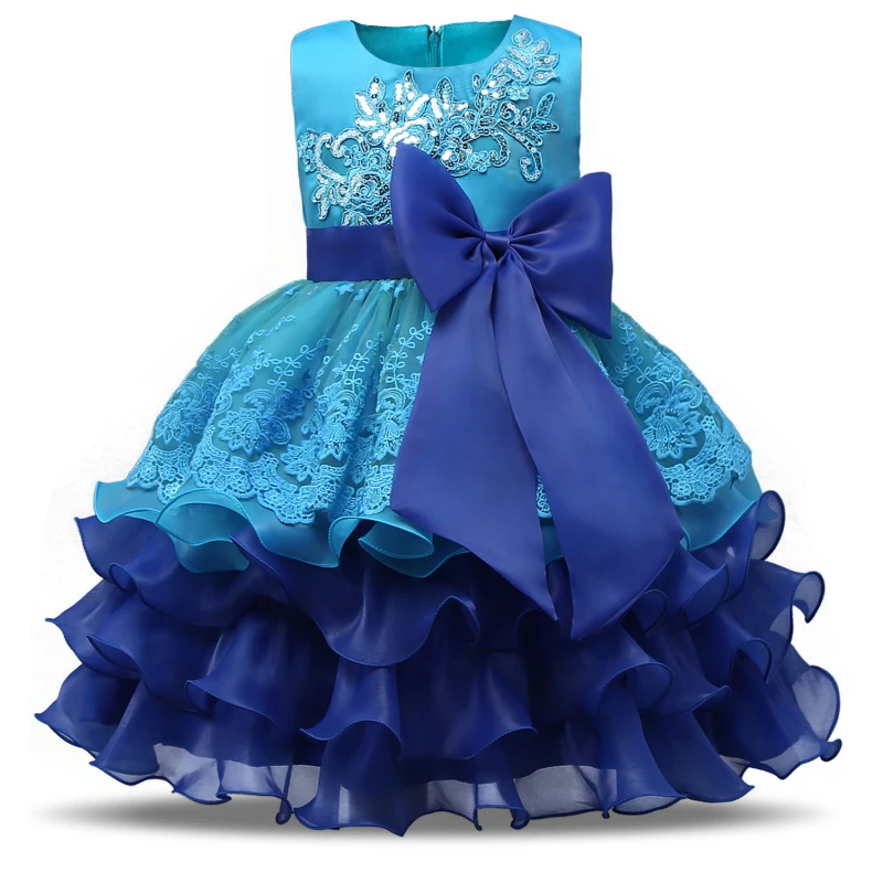 2017 New layered dress flower girls dresses Big Bow blue baby Evening Gown Birthday party dress Wedding vestido de festa infanil