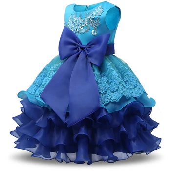 2017 New layered dress flower girls dresses Big Bow blue baby Evening Gown Birthday party dress Wedding vestido de festa infanil