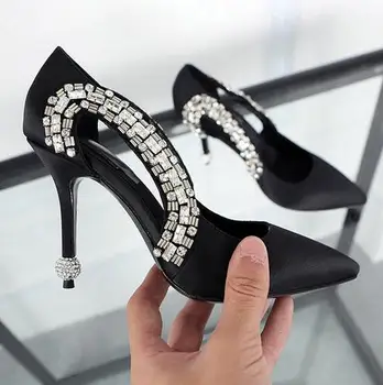Sexy Silk Pointed Toe Women Pumps Luxury Rhinestone Slip On Thin High Heels Wedding Shoes Woman Cutouts 2016 New Single Shoes