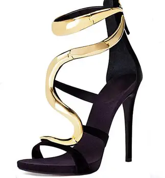Novelty design women runway shoes high heel sandals open-toe gold mental decoration cconcise design sexy stilettos for dress