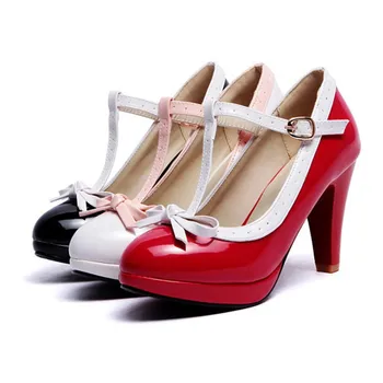 2017 Autumn New Lolita Sweet Womens Patent Leather High Heels T-Strap Pumps Mary Jane Party Bowtie Platform Shoes Plus Size