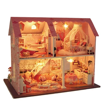Mini Wooden Doll House with Furnitures Assembling DIY House Dolls Miniature Crafts Toys for Teens and Adults A003