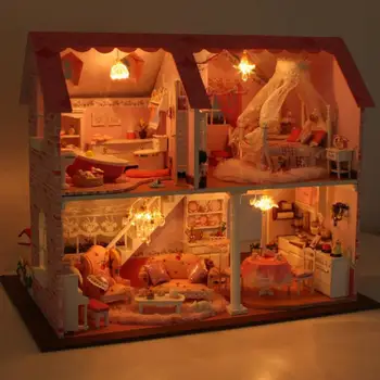 Mini Wooden Doll House with Furnitures Assembling DIY House Dolls Miniature Crafts Toys for Teens and Adults A003