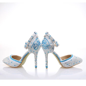Delicate Blue With Silver Color Rhinestone Bridal Shoes Pointed Toe White Pearl Unique High Heels For Party Prom Ceremony