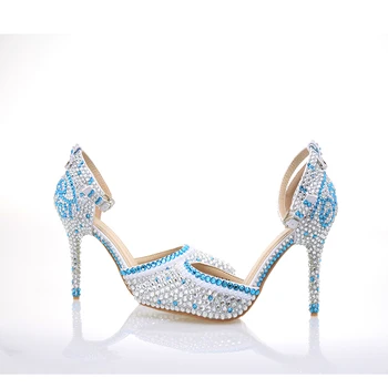 Delicate Blue With Silver Color Rhinestone Bridal Shoes Pointed Toe White Pearl Unique High Heels For Party Prom Ceremony