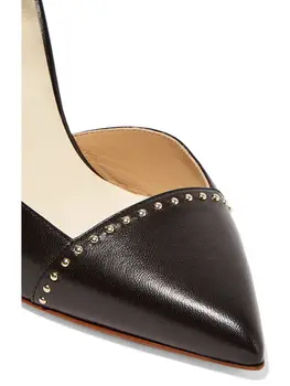 2017 Black Leather Women Stilettos Pointed toe Rivet Embellished Women Single Shoes High Heel Pumps Ankle Strap