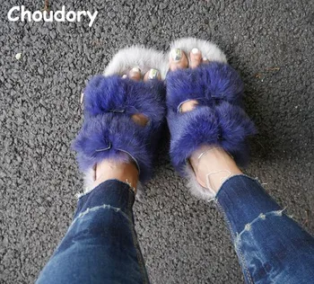 Brand Choudory Blue Rabbit Fur Women Slippers Gladiator Flat Sandals Lady Summer Flats Casual Shoes Woman Slides Slingback Shoes