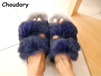 Brand Choudory Blue Rabbit Fur Women Slippers Gladiator Flat Sandals Lady Summer Flats Casual Shoes Woman Slides Slingback Shoes