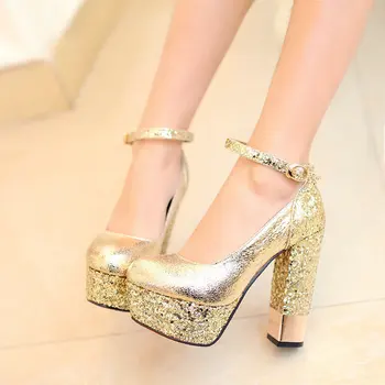 Spring new woman shoes fashion Patent leather women round toe rhinestone Thick heel Pumps ankle buckle high heels bride shoes