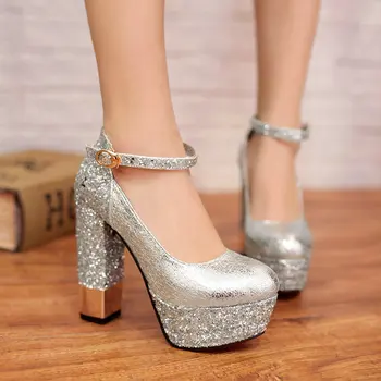 Spring new woman shoes fashion Patent leather women round toe rhinestone Thick heel Pumps ankle buckle high heels bride shoes