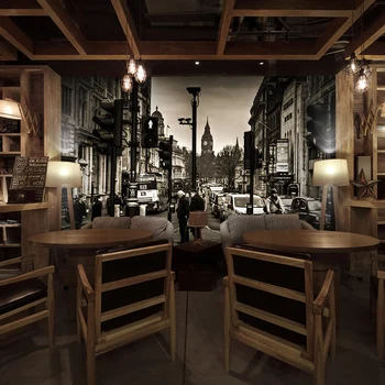 3D vintage black and white city street wallpaper mural bar Cafe dining room wallpaper