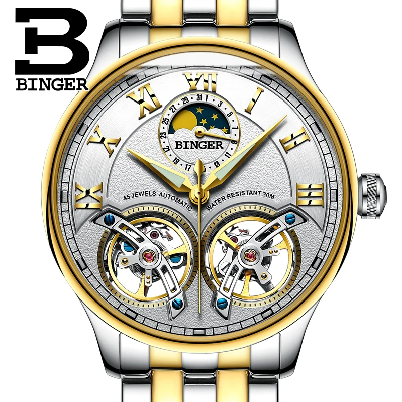 Switzerland watches men luxury brand BINGER sapphire Water Resistant toubillon full steel Mechanical Wristwatches B-8606M-7