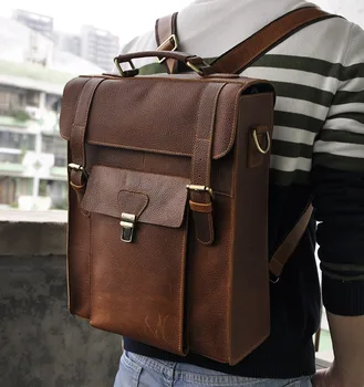 Steel Master Men Vintage Genuine Leather Fashion Backpack 14 Inch Laptop Multi Pockets HikinTravel Rucksack Shoulder Bag Mochila