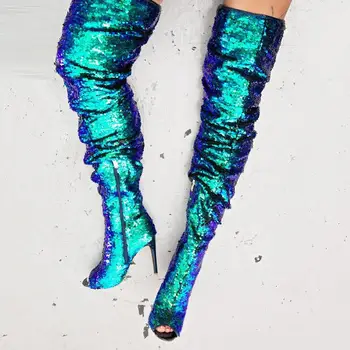 SHOFOO shoes,elegant beautiful , fluorescent green sequined cloth,11 cm high heels over-the-knee boots.SIZE:34-45