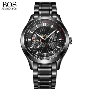 ANGELA BOS Limited Edition Black Mechanical Skeleton Automatic Watch Brands Men Watches Waterproof Steel Luminous Wrist Watch