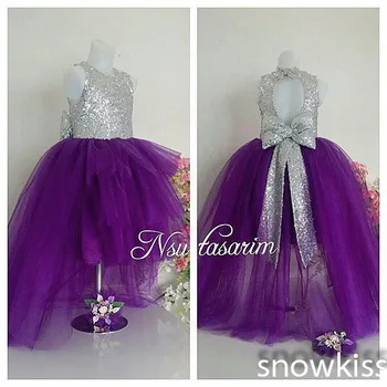 2016 Bling Key-Hole Back Purple flower girl dresses with Bow baby Birthday Party Dress toddler girl pageant dress ball gowns