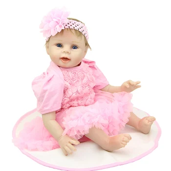 Handmade 22 Inch Newborn Baby Girl Doll Lifelike Reborn Silicone Baby Dolls Wearing Pink Dress Kids Birthday Xmas Gift