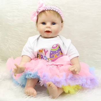 Blue Eyed 22 Inch Reborn Silicone Baby Dolls Girl Silicone Soft Newborn Girl Babies Wearing Dress Kids Birthday Xmas Gift