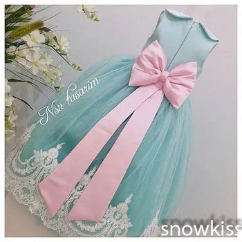 2016 mint Green/Blush Pink White Lace flower girl dresses with Bow baby Birthday Party Dress sugar pageant dress ball gowns