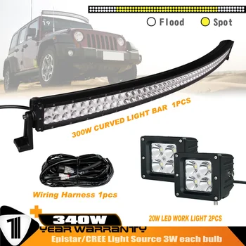 52INCH 300W 18000LM Curved LED Light Bar+2PCS 20W 30 Degree Spot Light+Wiring Harness Offroad,UTV,ATV
