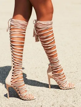 Pink Gladiator Style Open Toe Cross Tie Women Sandals Extra High Heel Shoes Ladies Shoes Sandals Real Images Shoes Ladies