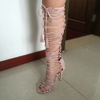 Pink Gladiator Style Open Toe Cross Tie Women Sandals Extra High Heel Shoes Ladies Shoes Sandals Real Images Shoes Ladies