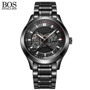 ANGELA BOS Black Mechanical Skeleton Self Wind Automatic Watch Man Waterproof Stainless Steel Leather Watches Men Luxury Brand
