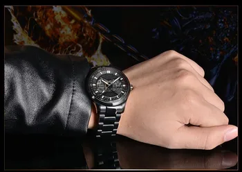 ANGELA BOS Black Mechanical Skeleton Self Wind Automatic Watch Man Waterproof Stainless Steel Leather Watches Men Luxury Brand