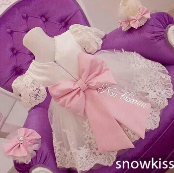 New Elegant White Lace flower girl dresses with Pink Bow Short Sleeves baby Birthday Party Dress wedding occasion ball gowns