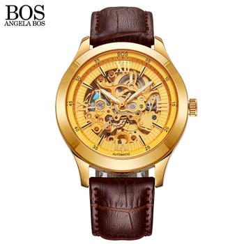 ANGELA BOS Business Watch Automatic Men Mechanical Watches For Men Waterproof Skeleton Leather Men's Gold Watch Luxury Brand