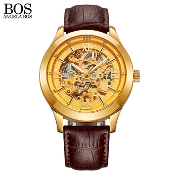 ANGELA BOS Skeleton Automatic Watch Mens Mechanical Black Stainless Steel Waterproof Luxury Watch Men Famous Brand Wristwatch