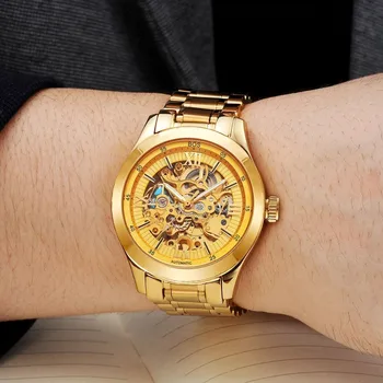 ANGELA BOS Skeleton Automatic Watch Mens Mechanical Black Stainless Steel Waterproof Luxury Watch Men Famous Brand Wristwatch