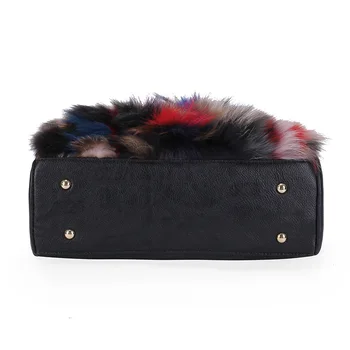 BICOLOR Winter New Model Women Handbags of Famous Brands Elegant Bag for Ladies Genuine Leather Bag with Fox Fur Luxury Tote Bag