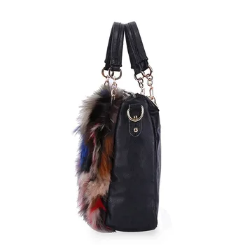 BICOLOR Winter New Model Women Handbags of Famous Brands Elegant Bag for Ladies Genuine Leather Bag with Fox Fur Luxury Tote Bag