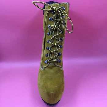 Yellow Brown Ankle High Short Boots Stiletto High Heels Short Plush Inside Winter Women Boots Thick Platform Lace-up Real Pic