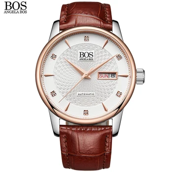 ANGELA BOS 2017 Business Automatic Self-wind Mechanical Watches Sapphire Wavy Pattern Luxury Brand Watch Men Leather Wrist Watch