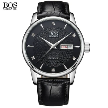ANGELA BOS 2017 Business Automatic Self-wind Mechanical Watches Sapphire Wavy Pattern Luxury Brand Watch Men Leather Wrist Watch