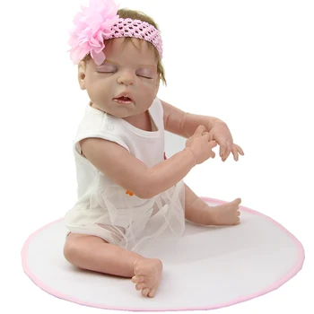 Full Silicone Vinyl Real Touch Reborn Baby Doll 22 Inch Sleeping Girl Newborn Dolls Wearing White Dress Kids Birthday Gift